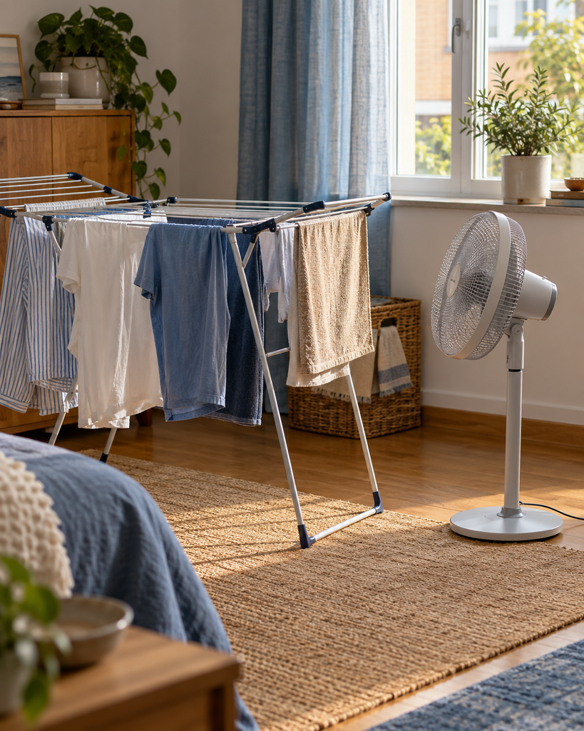 Ventilatore da terra posizionato a distanza da uno stendino con panni ben separati.