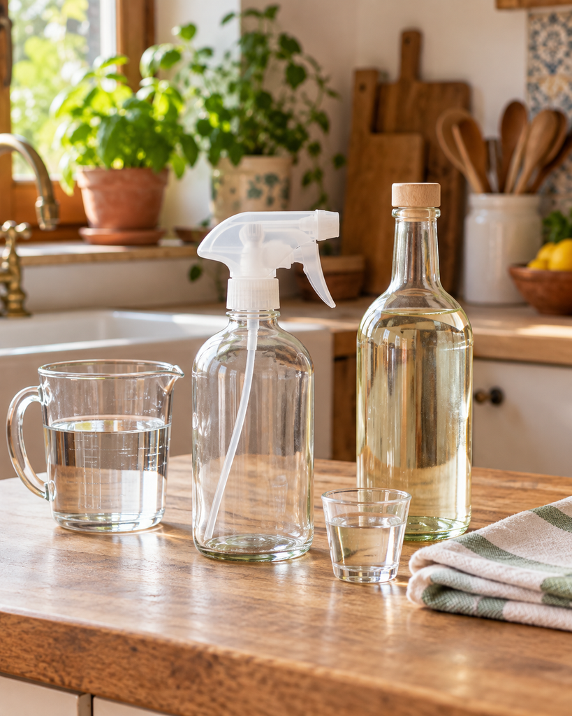 Preparazione di una soluzione per le pulizie con acqua, aceto bianco, spruzzino in vetro e panno lavabile.