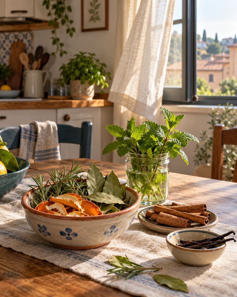 Profumi naturali per la casa con menta, alloro, cannella, vaniglia, rosmarino e scorze di agrumi.