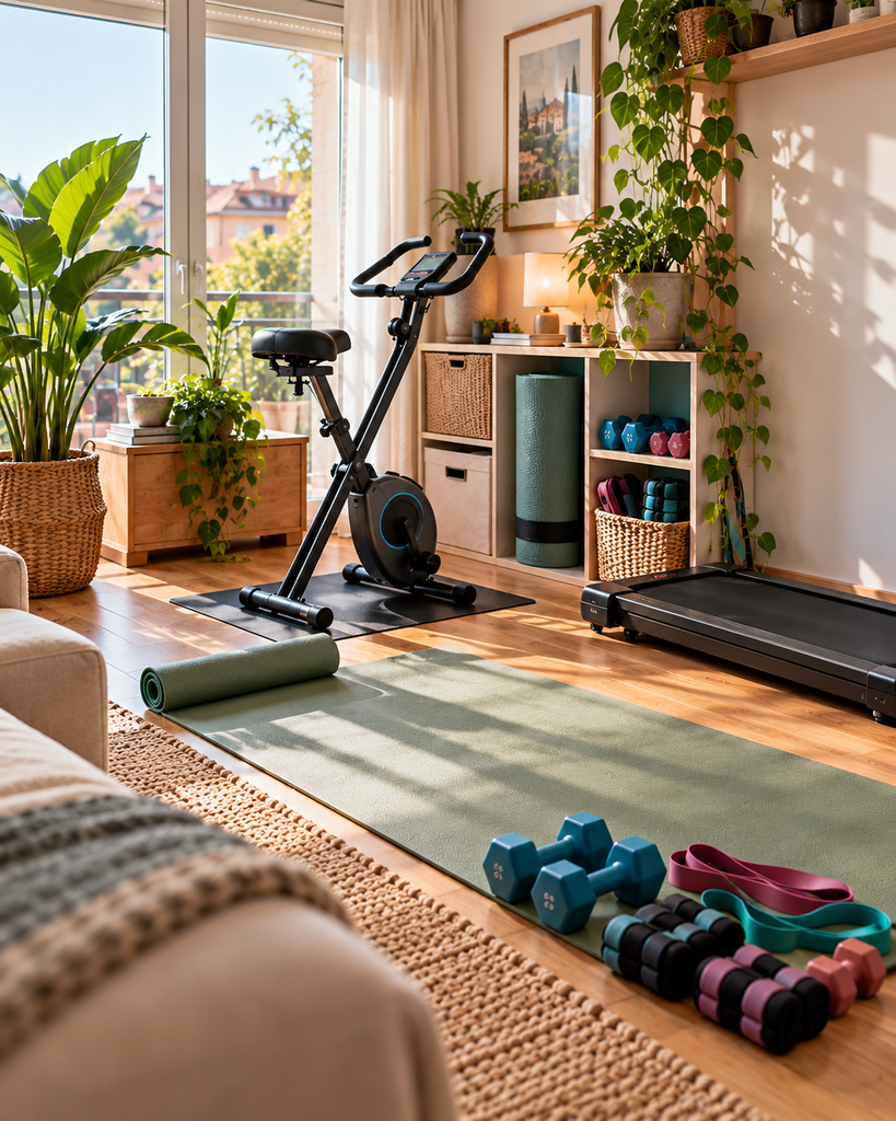 Angolo fitness in casa con tappetino, manubri, elastici, cyclette e walking pad salvaspazio.