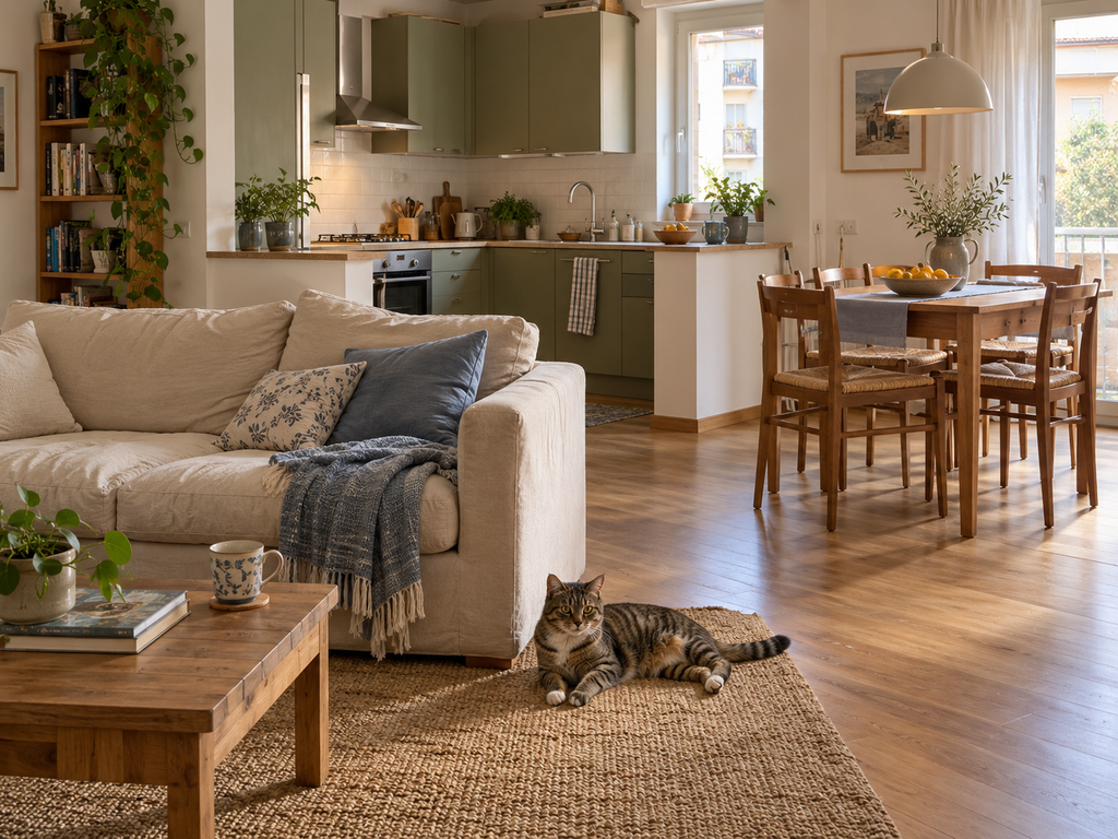 Soggiorno con divano beige e gatto sul tappeto, aperto su una cucina verde salvia e una zona pranzo con tavolo e sedie in legno.