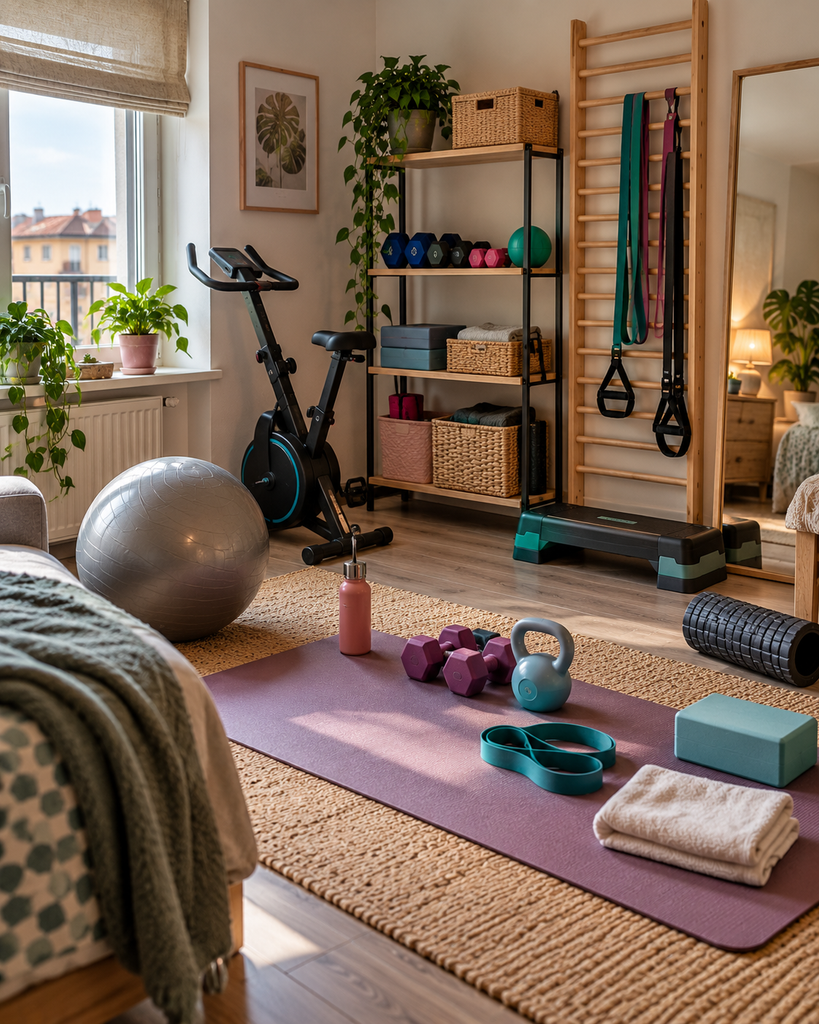 Piccola palestra in casa con cyclette, tappetino, manubri, kettlebell, elastici e attrezzi fitness organizzati su una scaffalatura.