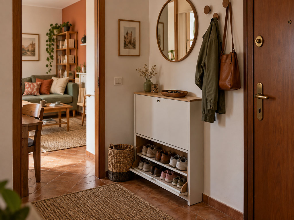 Piccolo ingresso con ganci, borsa e scarpe riposte nella scarpiera