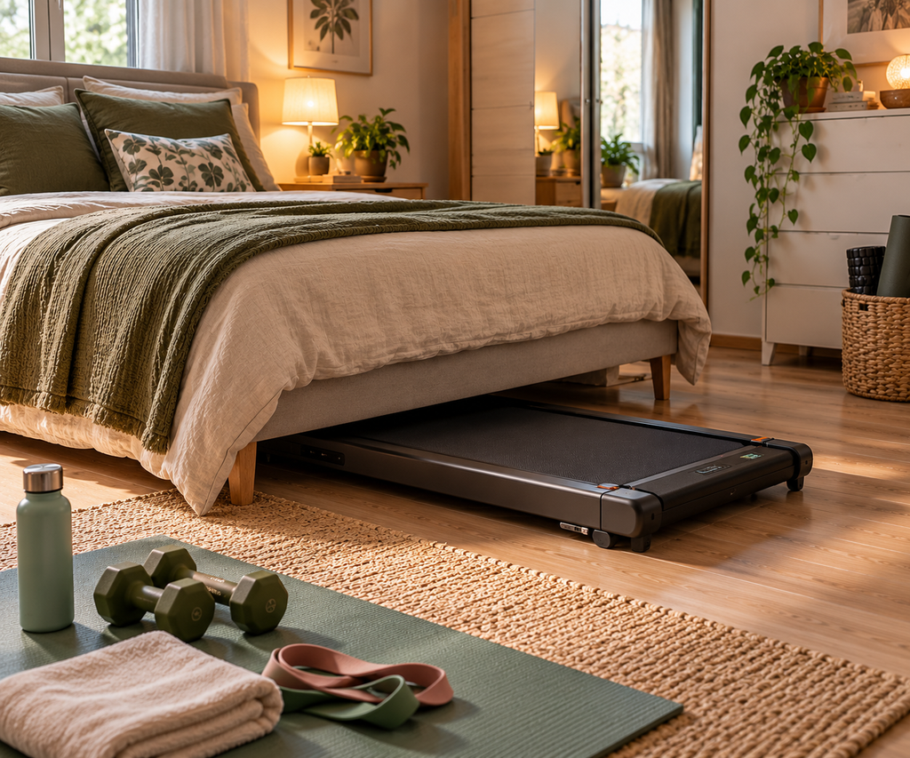 Walk pad sottile riposto sotto il letto in una camera da letto, con tappetino, manubri ed elastici per allenarsi in casa.