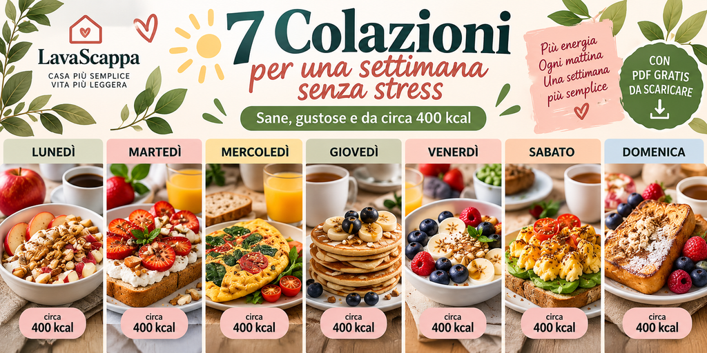 Sette colazioni golose da circa 400 kcal con frutta, yogurt, pancake, frittate e french toast, con PDF gratuito LavaScappa.