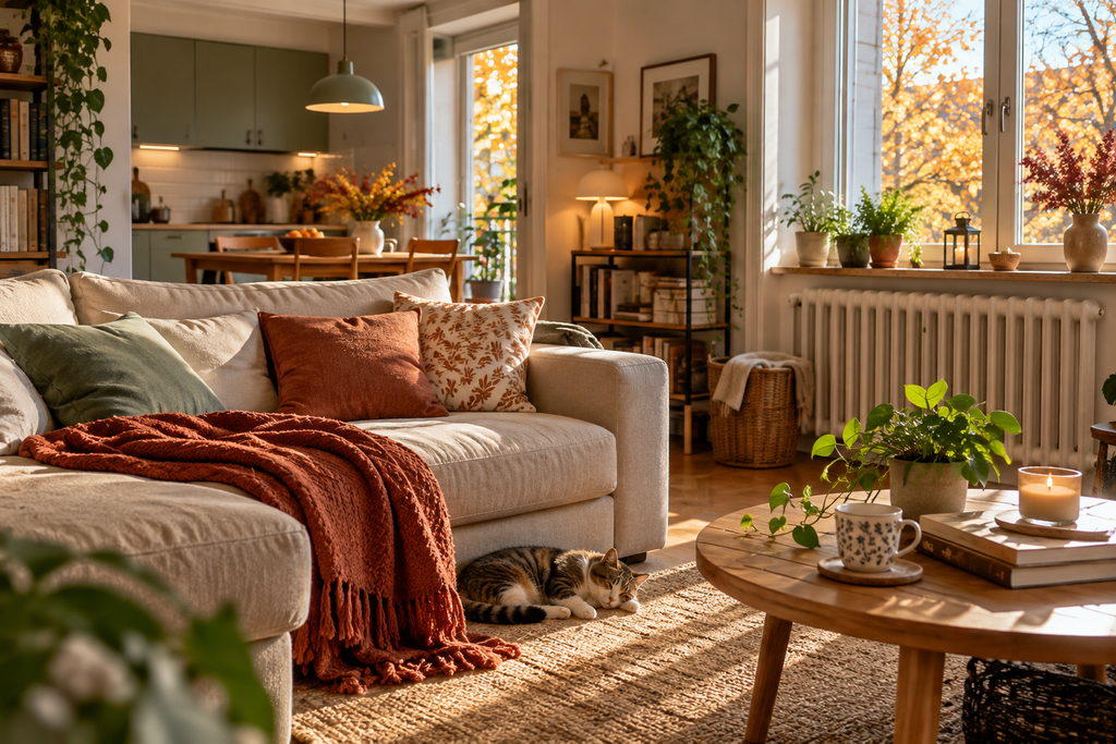 Casa accogliente in autunno con soggiorno ordinato, plaid sul divano e termosifone, pronta per le pulizie d’autunno.
