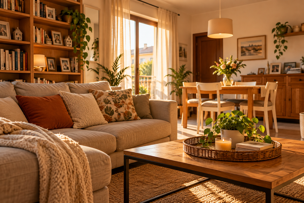 Soggiorno accogliente con divano beige, mobili in legno, piante e luce naturale in una casa vissuta e funzionale.