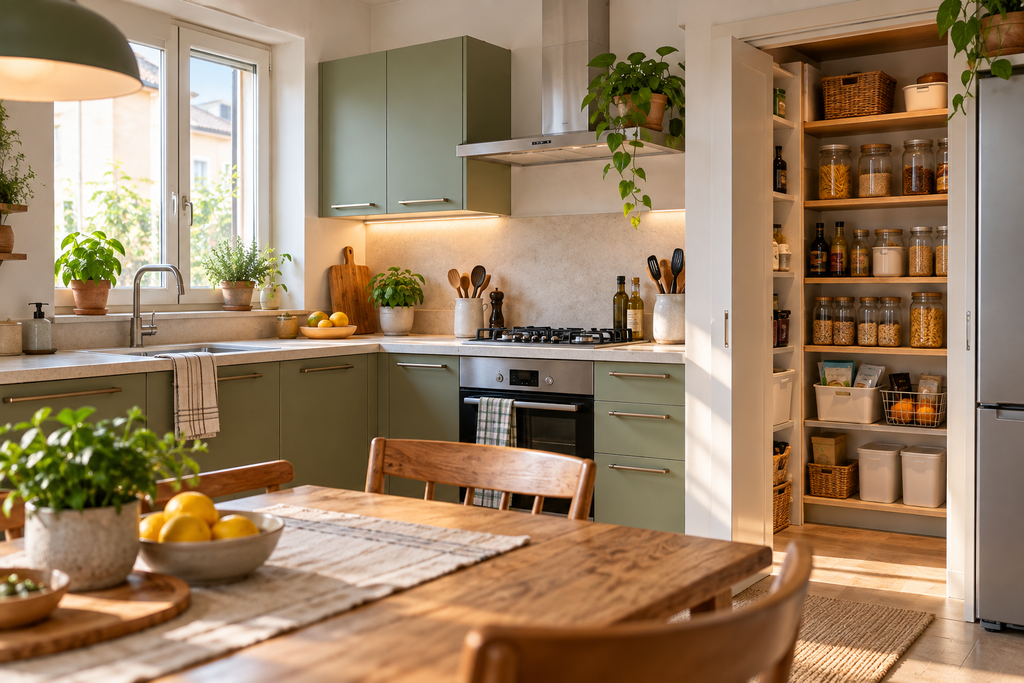 Cucina ordinata con dispensa organizzata dopo il decluttering, per ridurre sprechi e acquisti inutili.