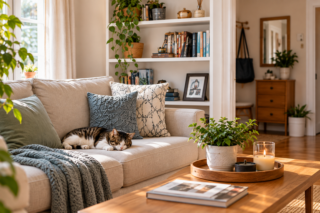 Soggiorno ordinato e vissuto con libreria, divano e oggetti sistemati, esempio di riordino veloce della casa.
