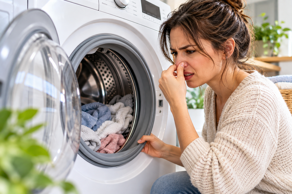 Donna che sente cattivi odori dalla lavatrice aperta e controlla il cestello per individuare la causa.