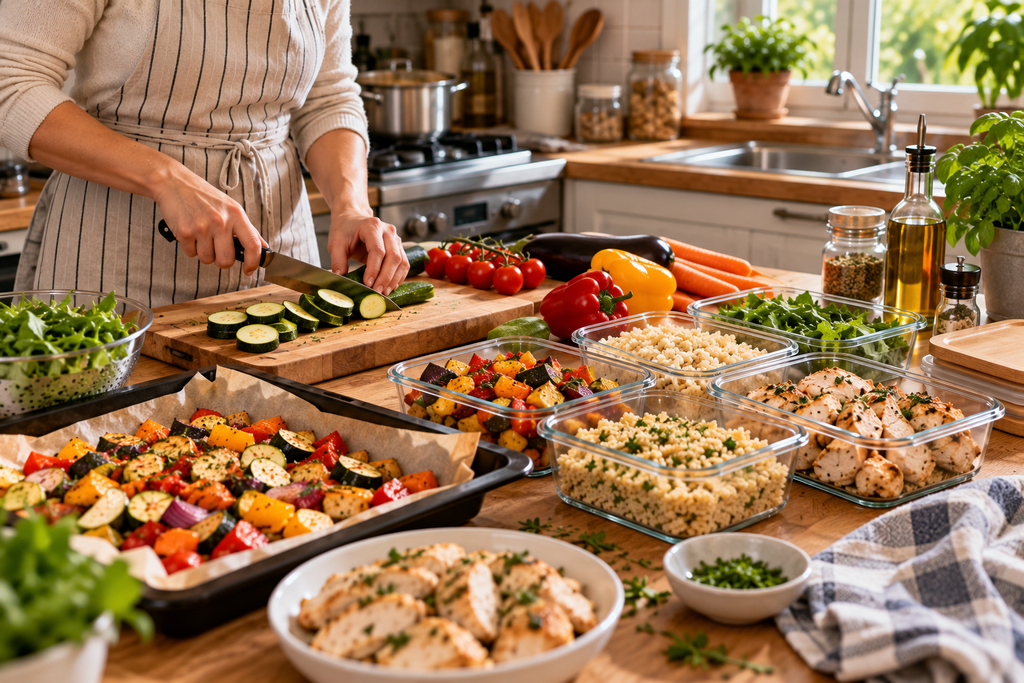 Preparazione del meal prep in cucina con verdure, pollo, riso e contenitori