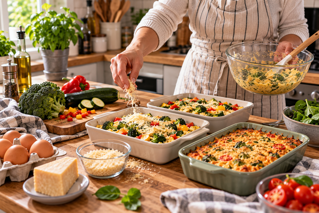 Preparazione di sformati di verdure con uova e formaggio per i pasti dei giorni successivi