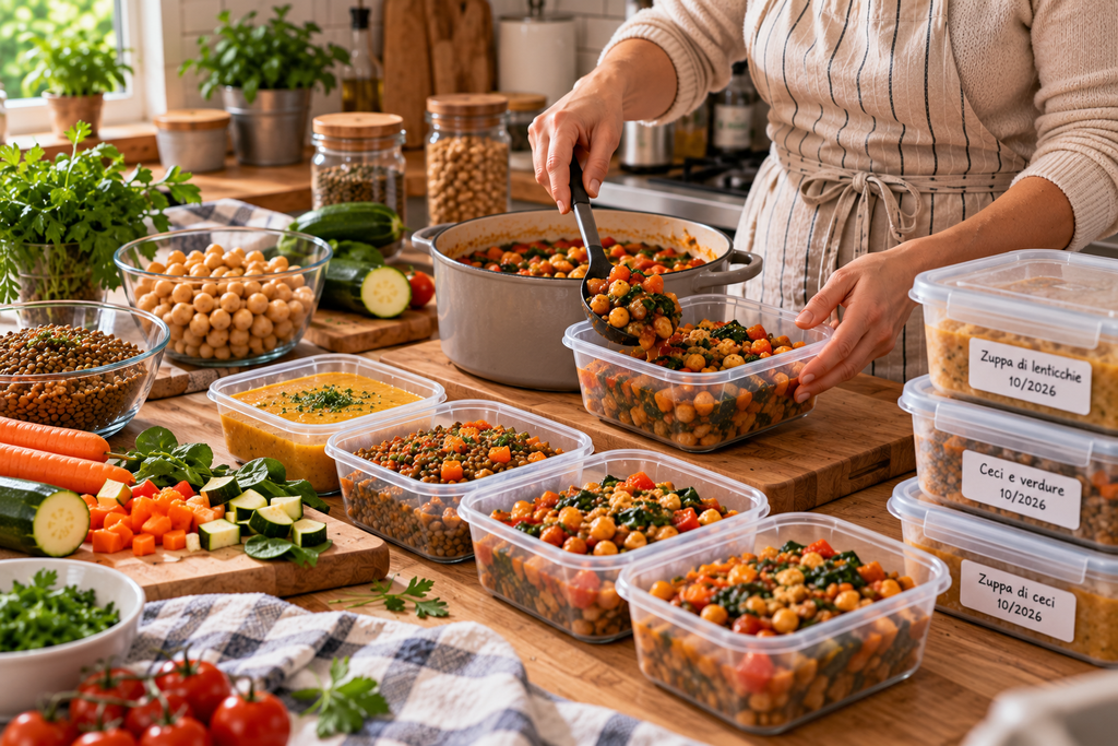 Porzioni di ceci, lenticchie e verdure preparate in contenitori per il freezer