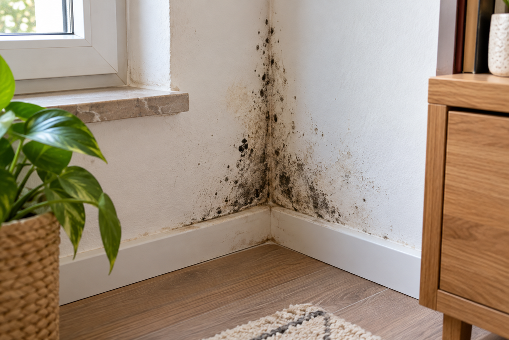 Muffa nera negli angoli delle pareti di casa vicino alla finestra, causata da umidità e condensa.