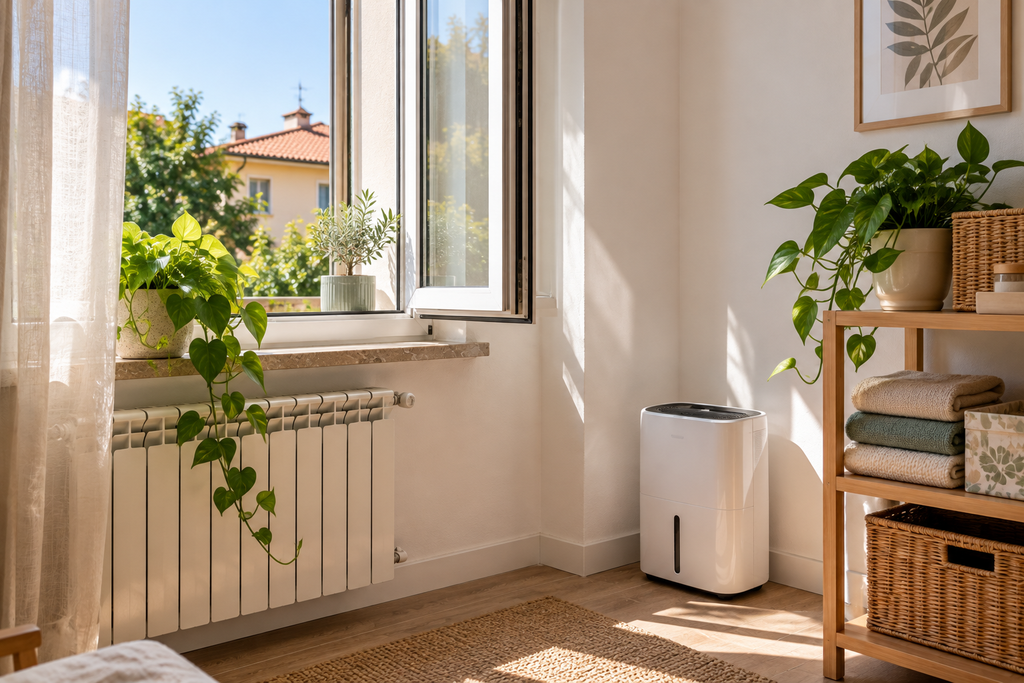 Ambiente domestico asciutto e arieggiato con finestra aperta, luce naturale e deumidificatore per prevenire muffa e umidità in casa.