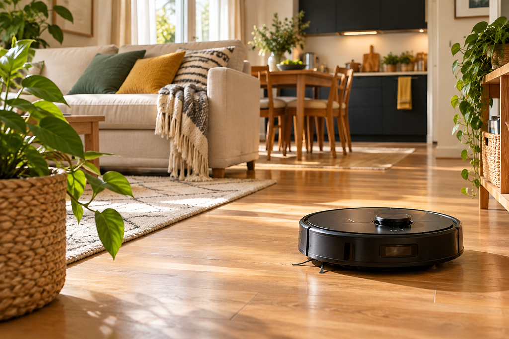 Robot aspirapolvere intelligente che pulisce il pavimento in legno di un soggiorno con cucina a vista.