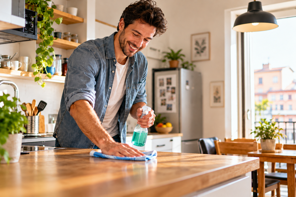 Ragazzo che vive da solo mentre pulisce il piano di lavoro della cucina con un panno, prendendosi cura della casa in autonomia.