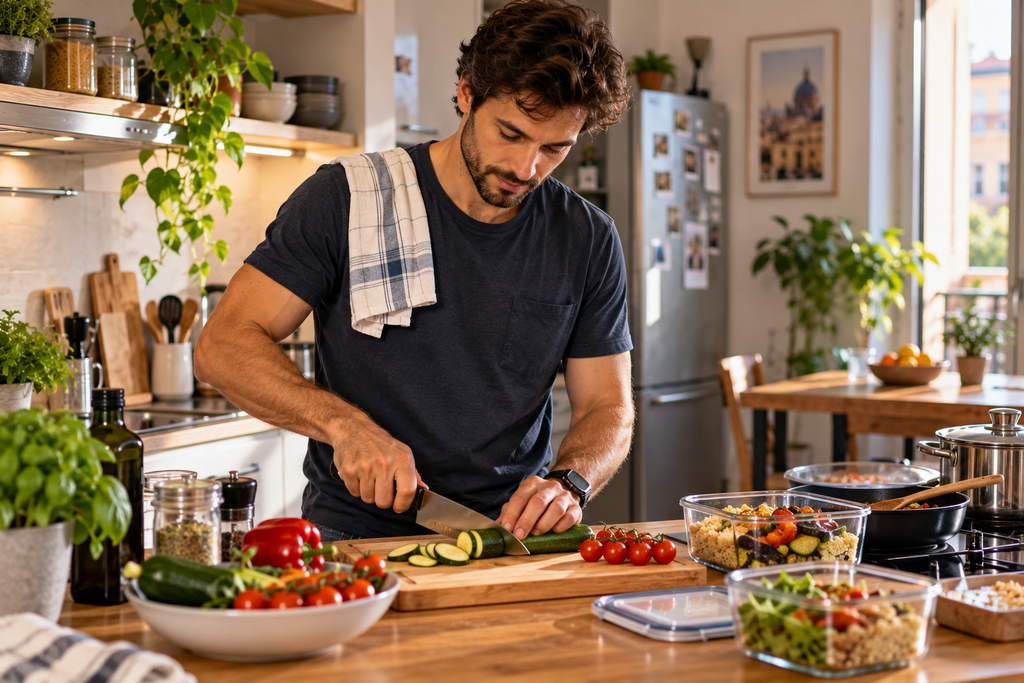 Uomo che vive da solo mentre prepara una cena sana nella cucina di casa, organizzando i pasti in modo semplice ed economico.