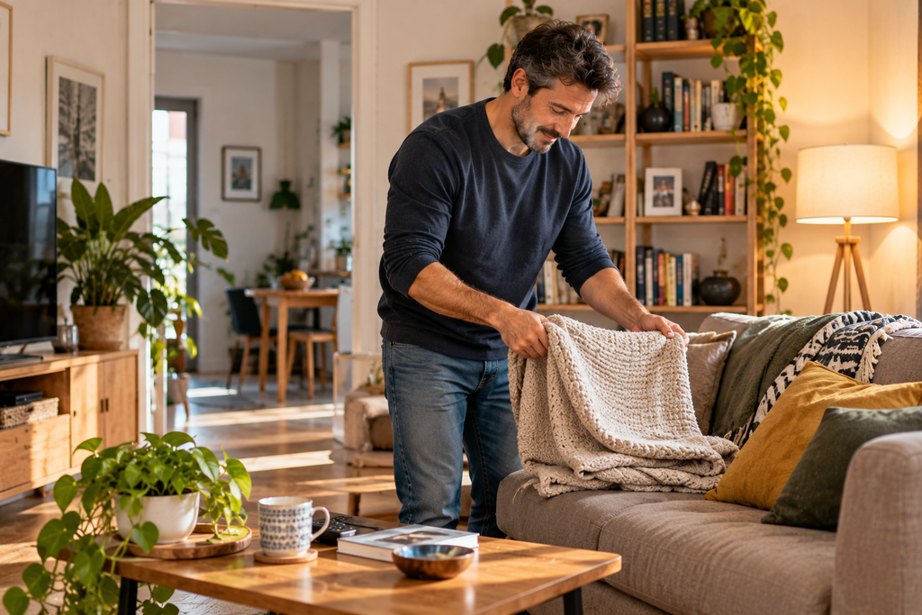 Uomo che vive da solo riordina il soggiorno del proprio appartamento, seguendo semplici abitudini quotidiane per mantenere la casa pulita e organizzata.