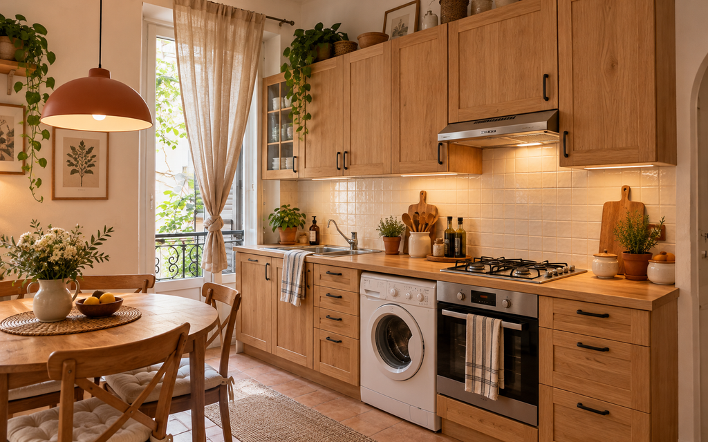 Cucina accogliente e funzionale in legno chiaro, con tavolo da pranzo, piante e arredi semplici, in un appartamento di classe media.