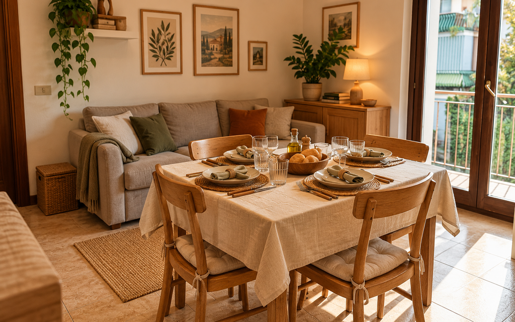 Sala da pranzo accogliente in un piccolo appartamento, con tavola apparecchiata per quattro, tovaglia chiara, sottopiatti e mobili in legno.