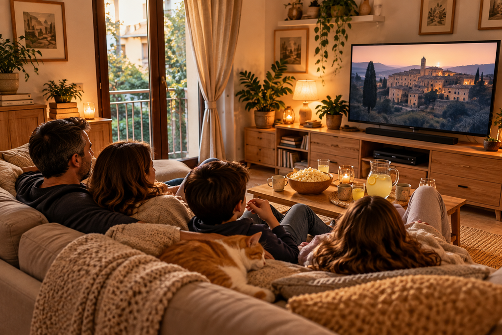 Famiglia di quattro persone che guarda un film in un soggiorno accogliente, con gatto sul divano, popcorn e limonata sul tavolino.