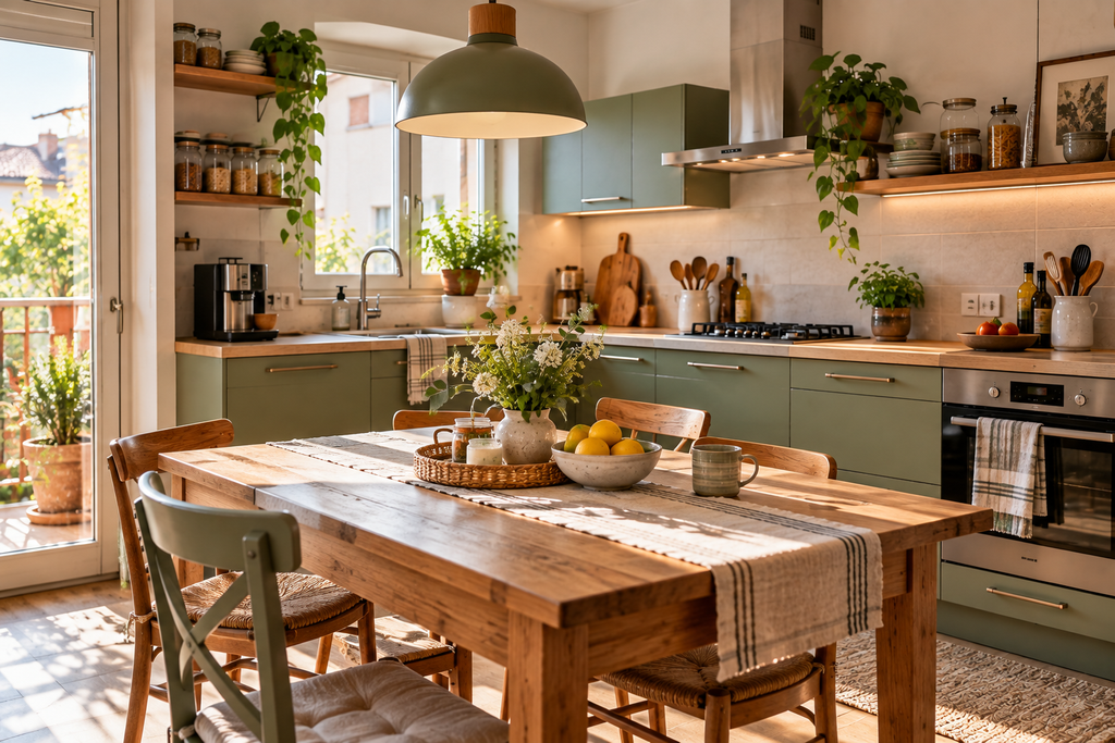 Cucina semplice e funzionale dopo il decluttering con superfici libere e pochi oggetti utili