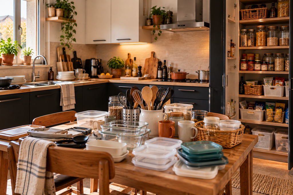 Decluttering della cucina e della dispensa per eliminare il superfluo e organizzare meglio gli spazi.