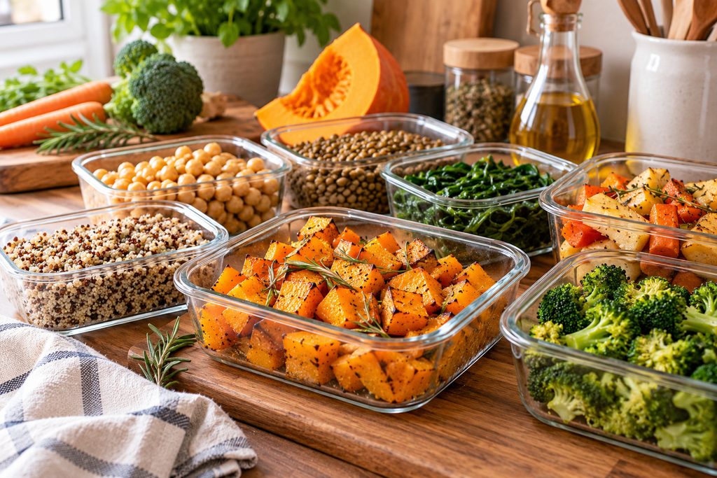 Contenitori di vetro con zucca arrosto, ceci, lenticchie, cereali e broccoli preparati in anticipo per il meal prep invernale.