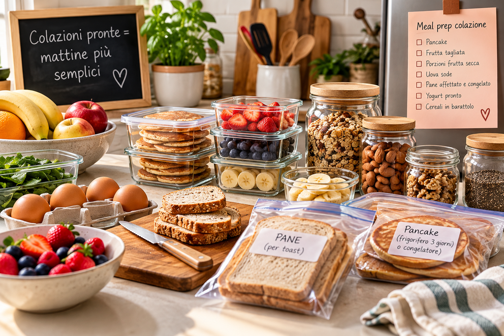 Ingredienti organizzati per il meal prep della colazione, con pancake, frutta fresca, noci, mandorle e pane pronto da congelare.