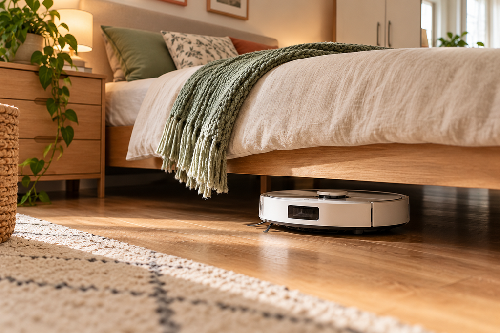 Robot aspirapolvere che pulisce sotto un letto matrimoniale in una camera con pavimento in legno.